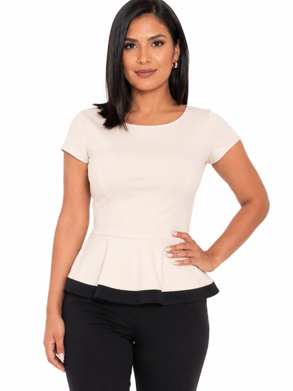 bebe Cream Peplum Tee with Black Hem. Size M.